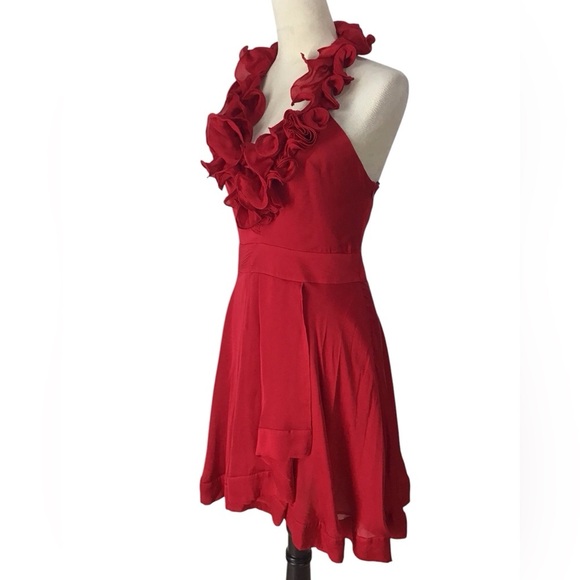 Bebe Red Silk Ruffle Rosette Halter Dress - Picture 3 of 6